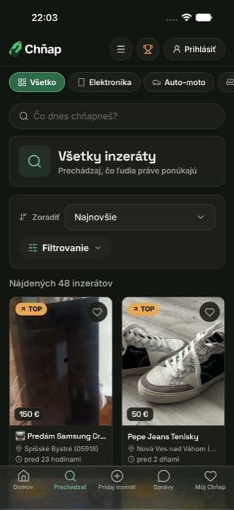 Vyhľadávanie v aplikácii Chňap